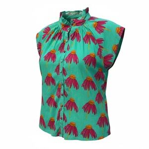 Victoria Dunn Flutter Floral Green Button Down Cap Sleeve Blouse Top Size Medium